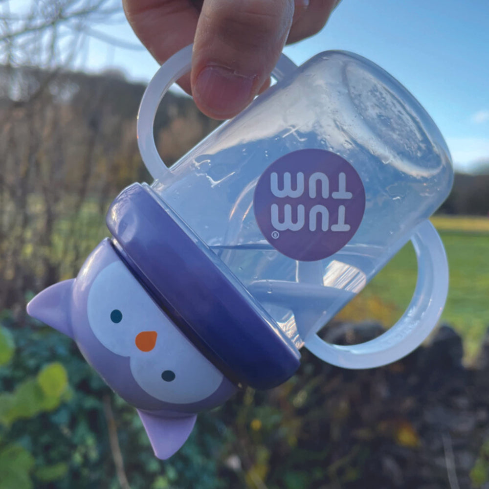 TUM TUM Olivia Owl 200ml free-flow straw emphasizes gentle sipping without heavy sucking.