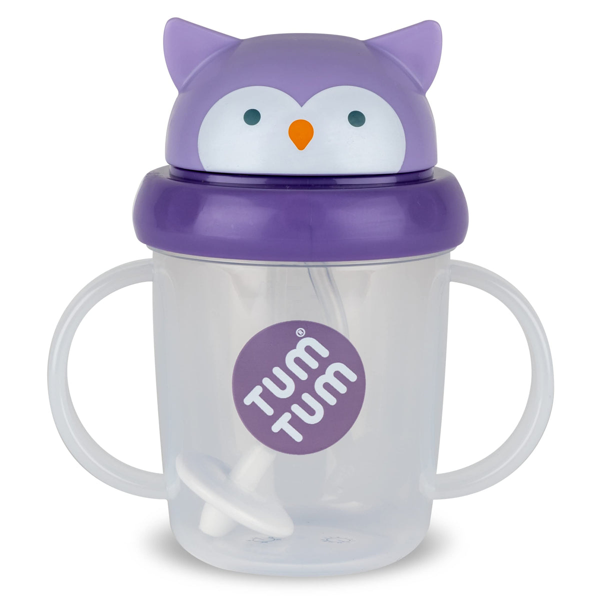 TUM TUM Olivia Owl 200ml front view highlights easy-grip toddler cup for self-feeding.