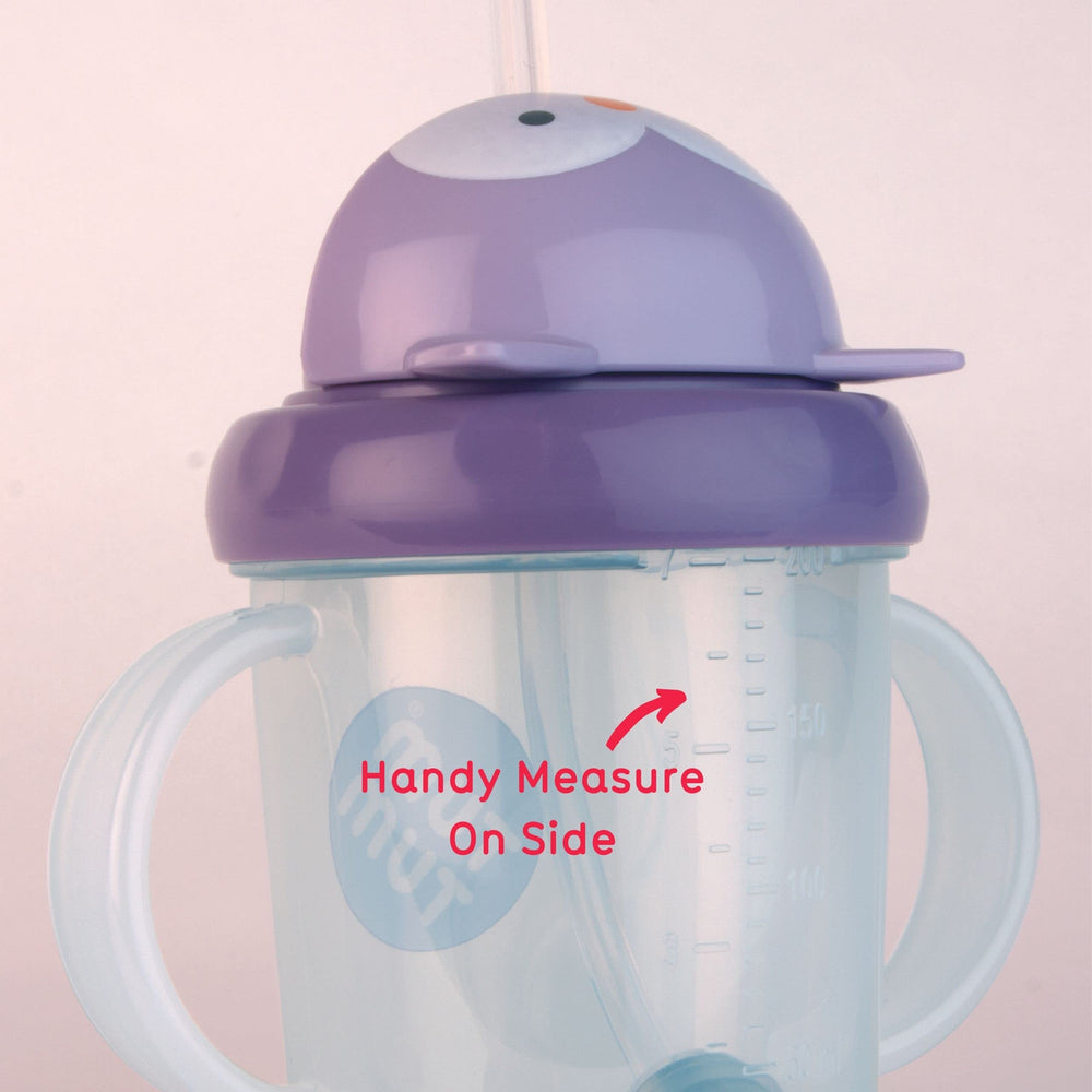 TUM TUM Olivia Owl 200ml weighted-straw usage shows liquid-following sip for all angles.