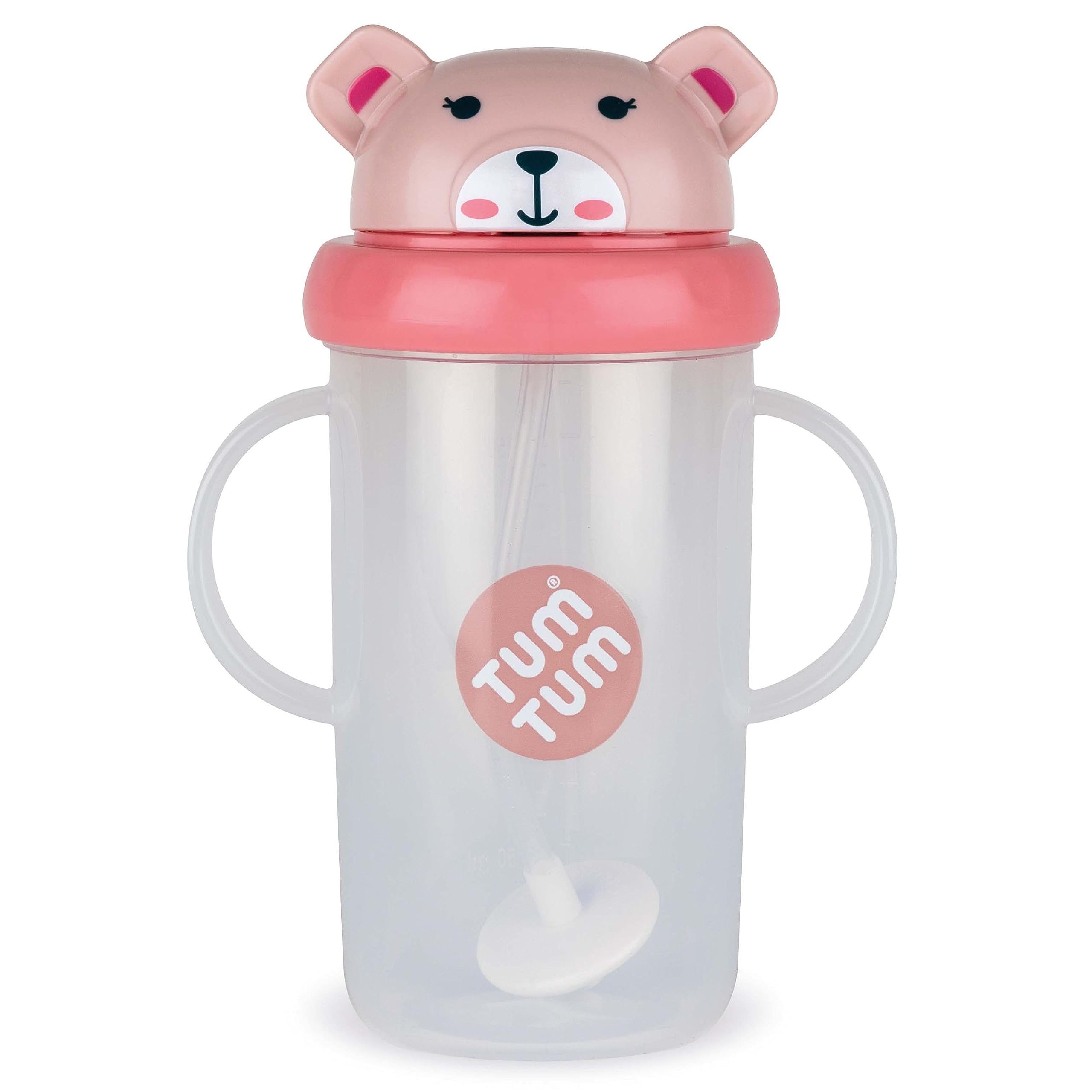 TUM TUM Betsy Bear free-flow sippy cup with lid open for mess-free sipping on the go.