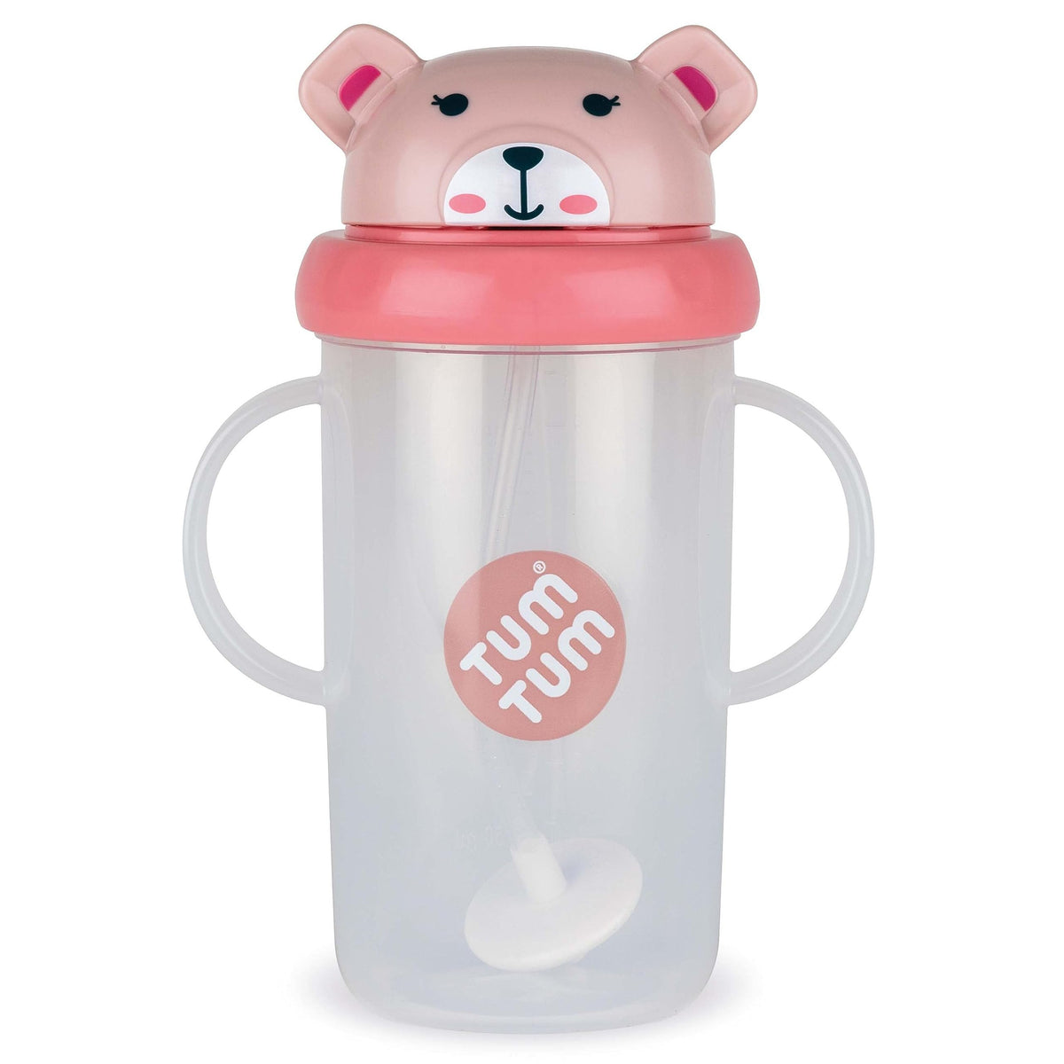 TUM TUM Betsy Bear free-flow sippy cup with lid open for mess-free sipping on the go.