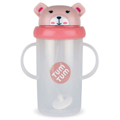 TUM TUM Betsy Bear free-flow sippy cup with lid open for mess-free sipping on the go.