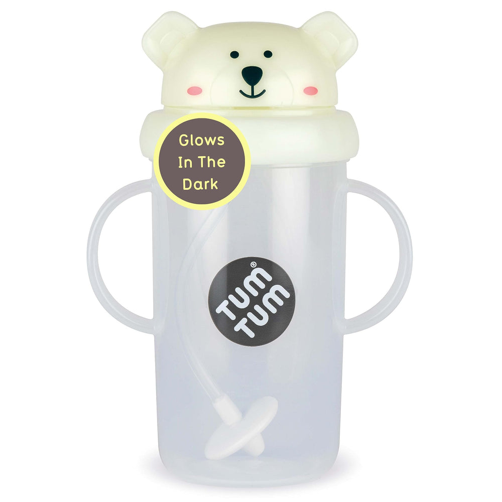 TUM TUM Tippy Up Pete Polar Bear cup shown on the go supports independent feeding.