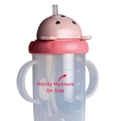 TUM TUM Betsy Bear cup shows leakproof flip-top lid for travel and mess-free transport.
