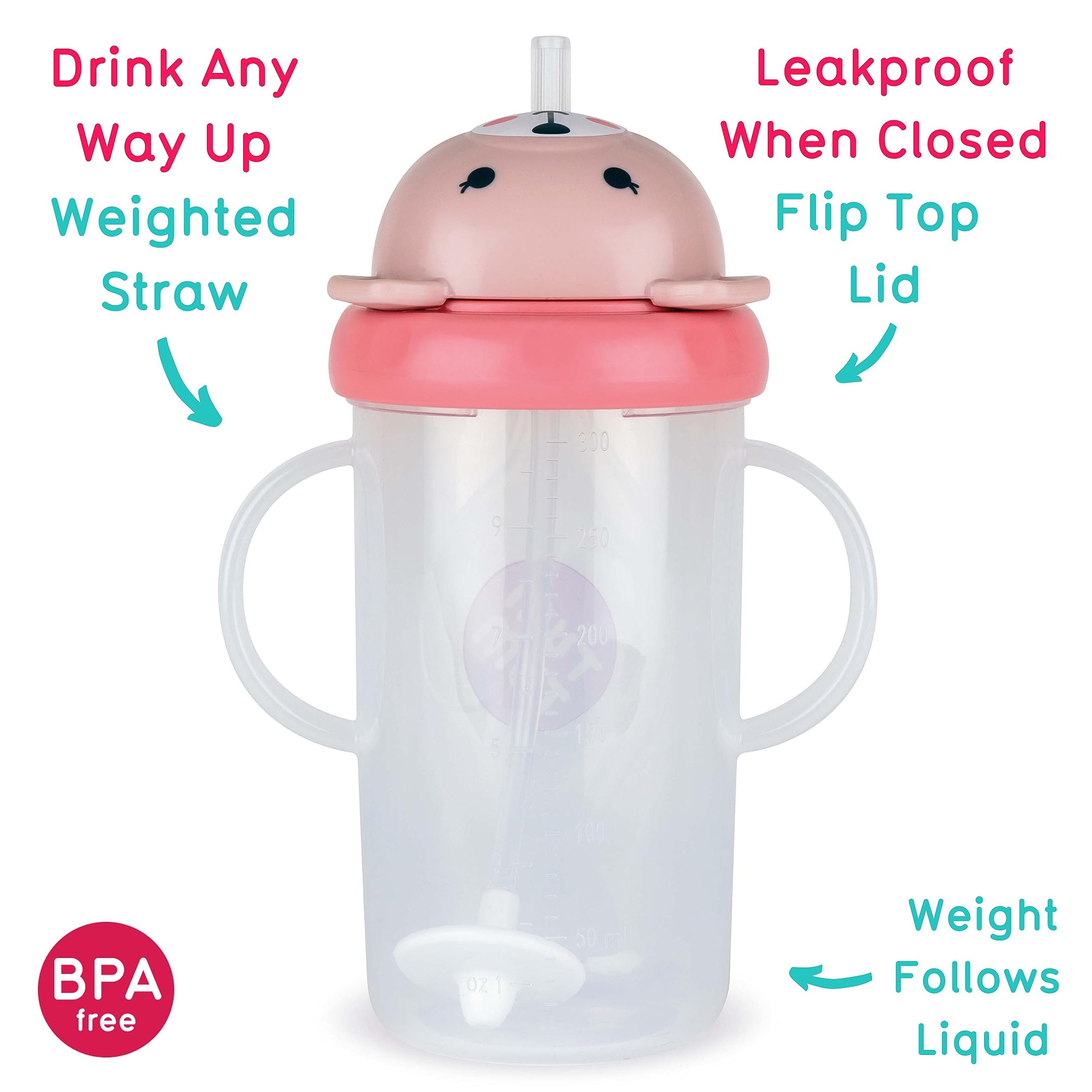 TUM TUM Betsy Bear sippy cup demonstrates a weighted straw following the liquid for easy upright drinking.