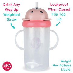 TUM TUM Betsy Bear sippy cup demonstrates a weighted straw following the liquid for easy upright drinking.