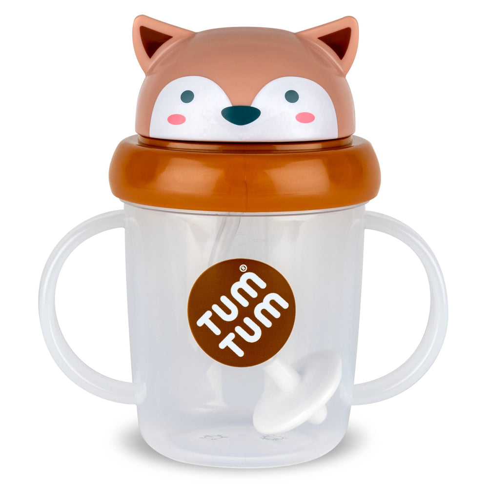 TUM TUM Tippy Up weighted-straw cup demonstrates all-direction drinking for toddlers.
