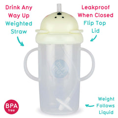 TUM TUM Tippy Up weighted straw shown guiding liquid for easy sipping.
