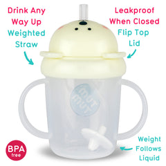 TUM TUM weighted-straw action supports continuous sipping with liquid following.