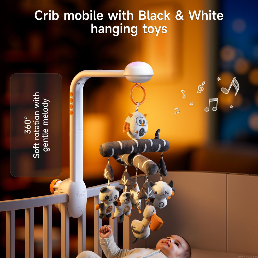 TUMAMA KIDS crib mobile black and white pendants stimulate visual tracking and focus.