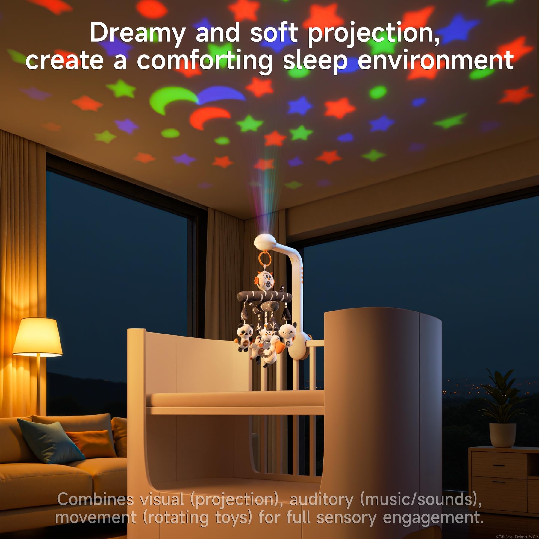TUMAMA KIDS crib mobile multicolor lights set a calm scene for sleep transitions.