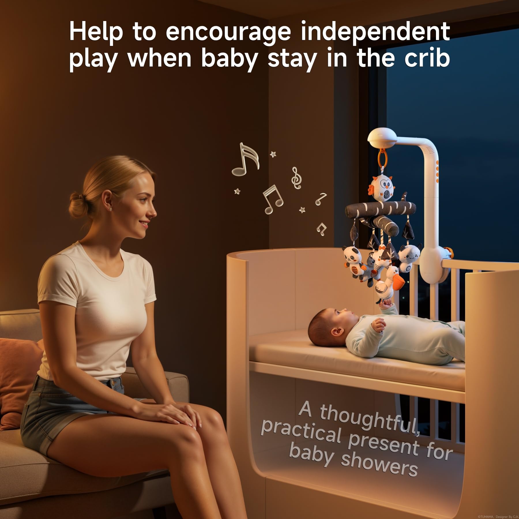 TUMAMA KIDS crib mobile volume control lets you tailor sound for comfort.