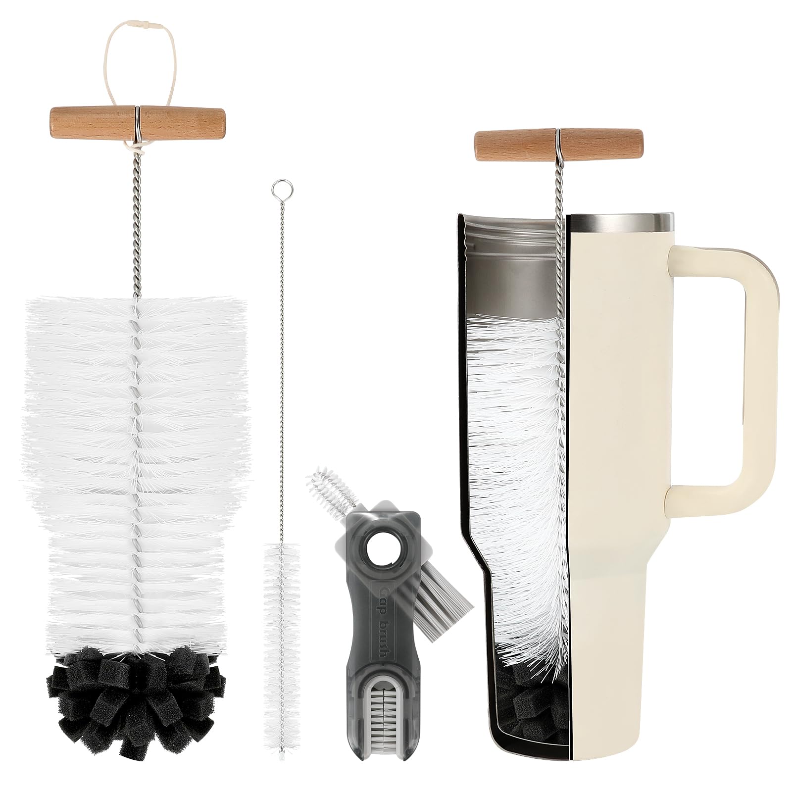 TUNIKO 3pc bottle clean brush set with long wooden handle for deep cleaning.