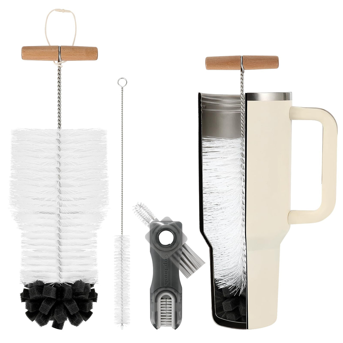 TUNIKO 3pc bottle clean brush set with long wooden handle for deep cleaning.