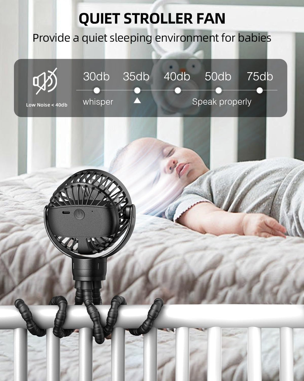 TUNISE stroller fan offers three-speed settings to tailor airflow to baby's comfort.