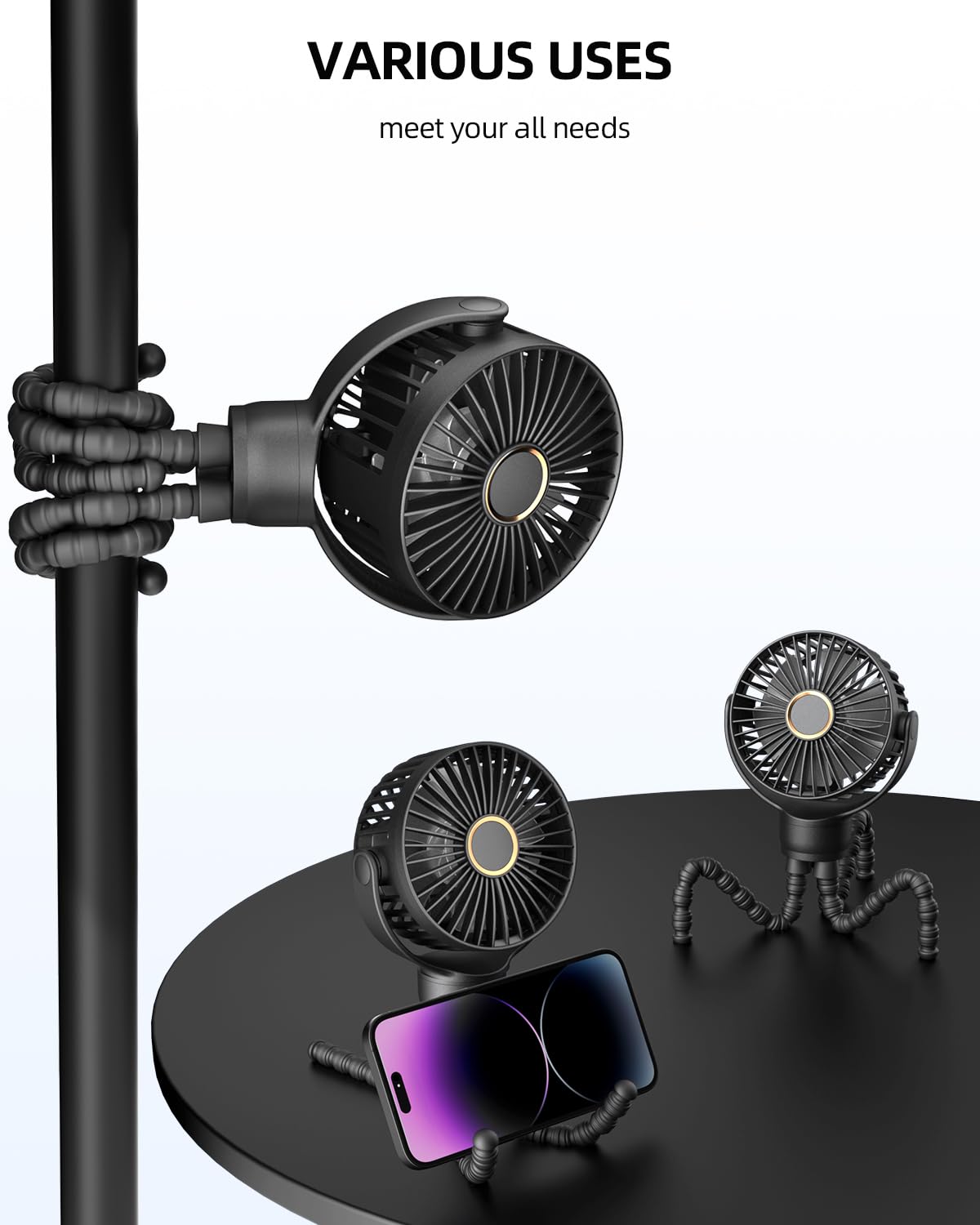 TUNISE stroller fan in black finish complements any stroller setup.