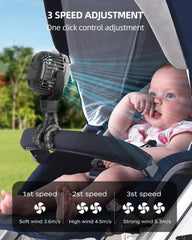 TUNISE stroller fan clip mount demonstrates flexible positioning for baby airflow
