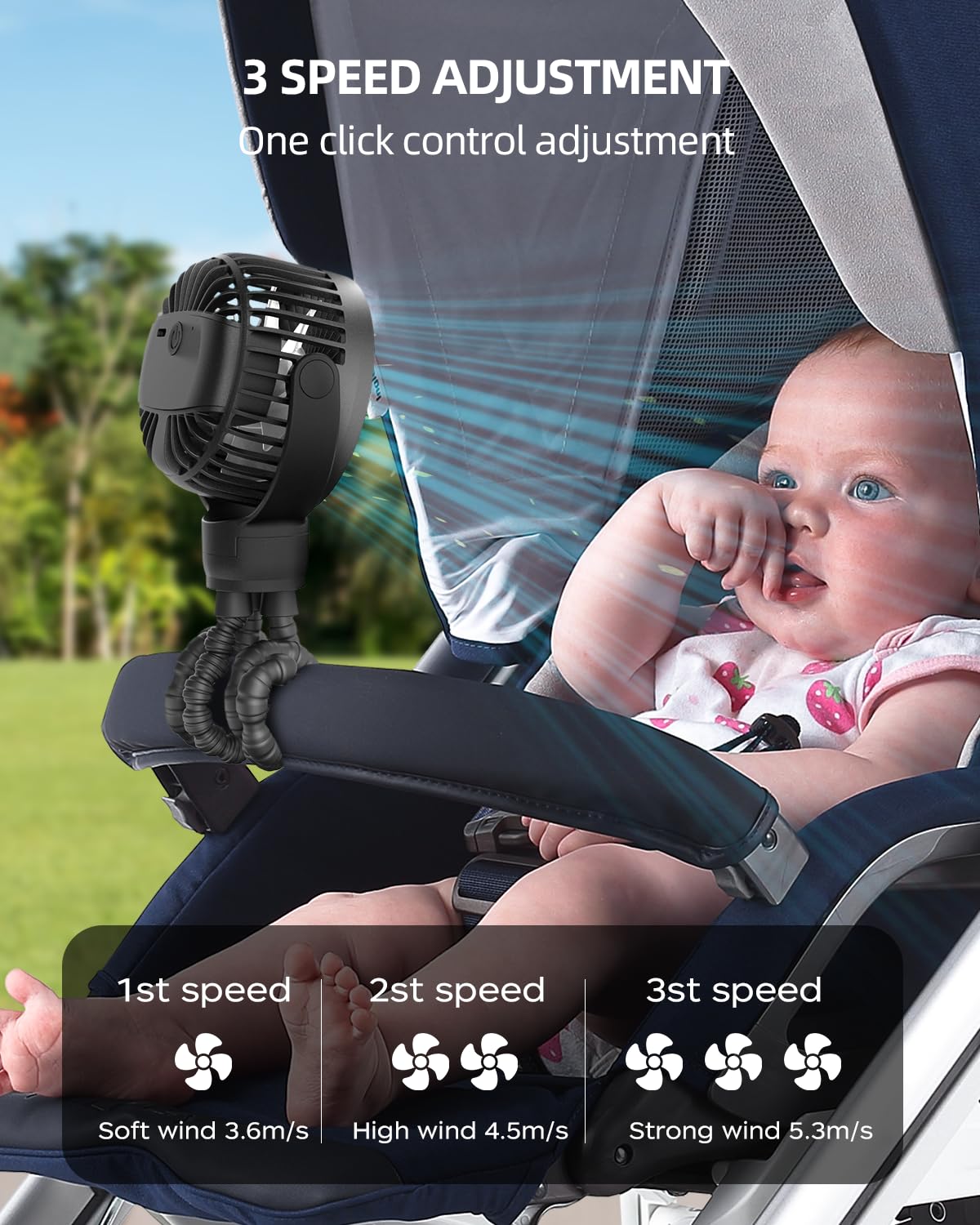 TUNISE stroller fan mounted on flexible tripod enables versatile mounting on strollers, cribs, or bikes.