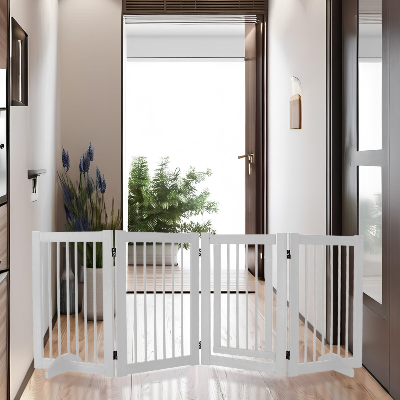 Tuopus living room setup shows versatile gate configuration for pets.