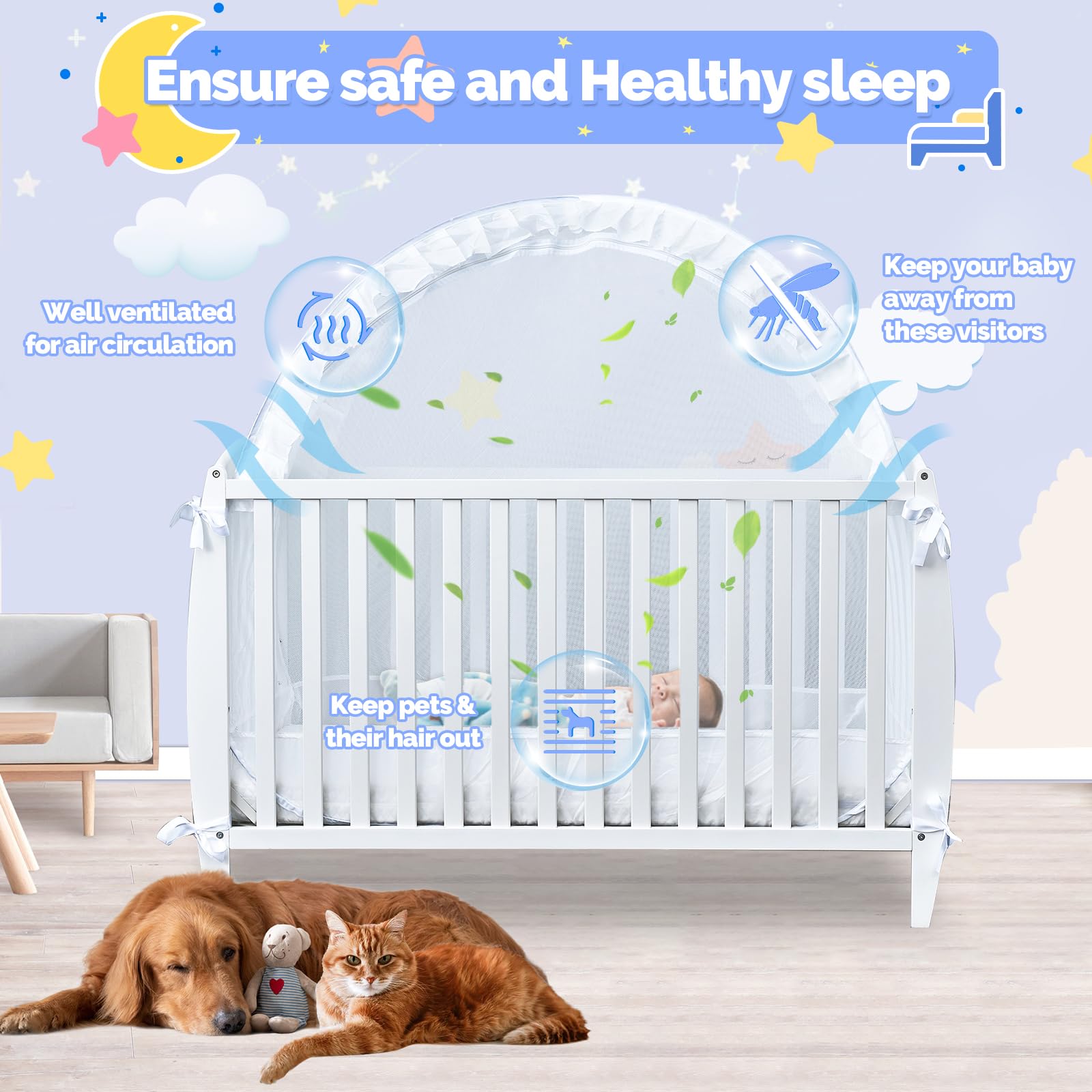 Tupi crib tent 8 straps secure tent to crib for stability.