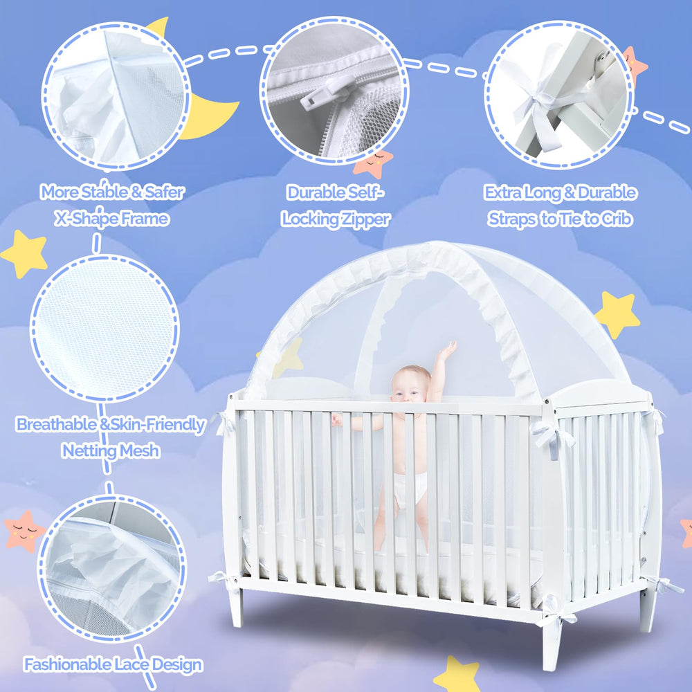Tupi crib tent ultra-stable frame supports restless sleepers.
