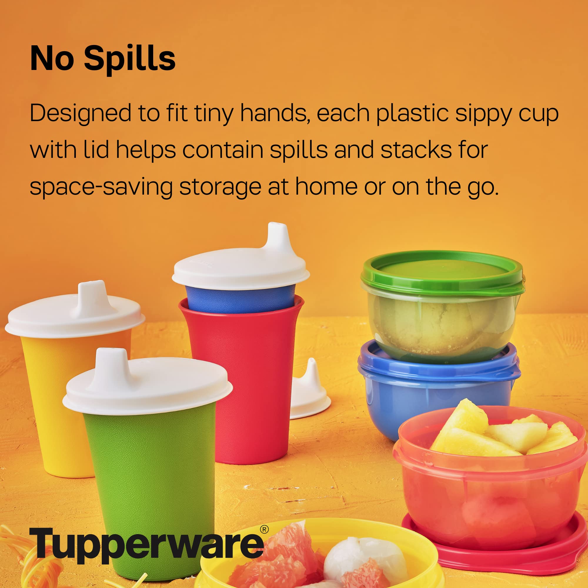 Tupperware Bell Tumblers toddler-use image showing 6-24 months suitability for early sip training.