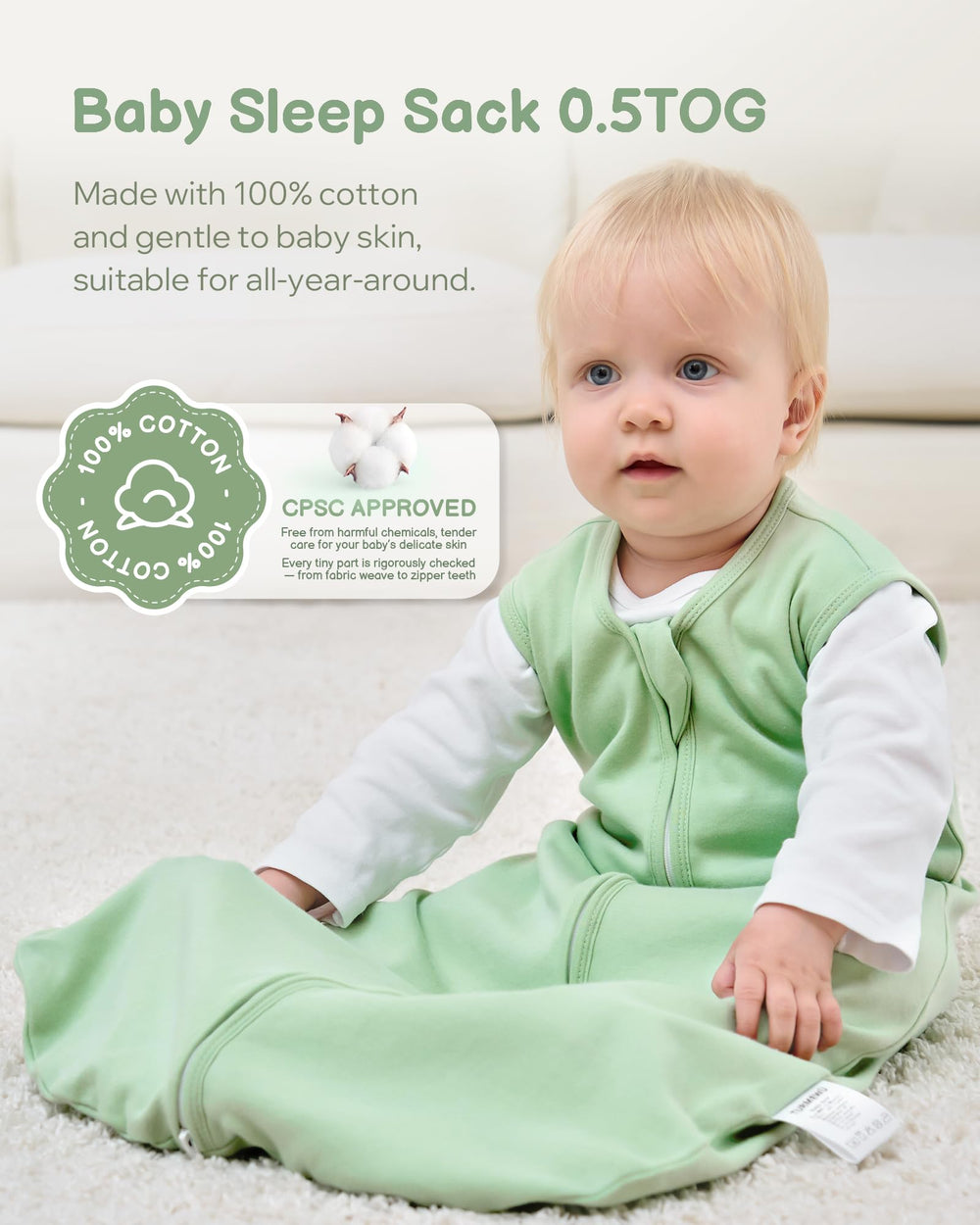 TURMEWU Sleep Sack two-way zipper close-up highlighting easy diaper changes.