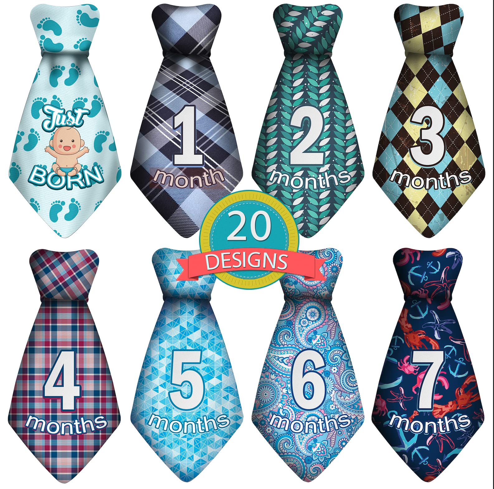 TurtleSurfers baby monthly ties set front view with easy-peel stickers