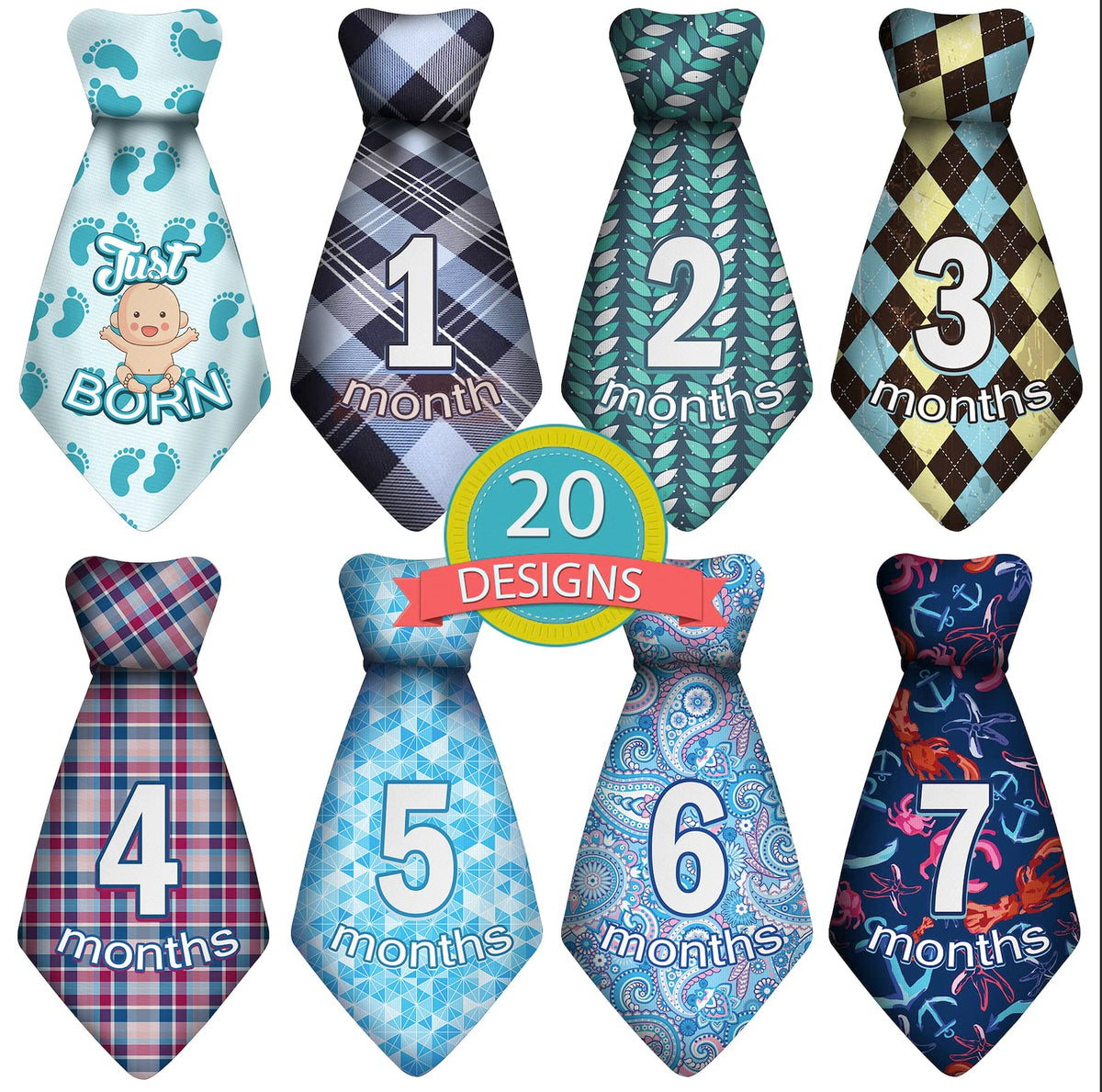 TurtleSurfers baby monthly ties set front view with easy-peel stickers