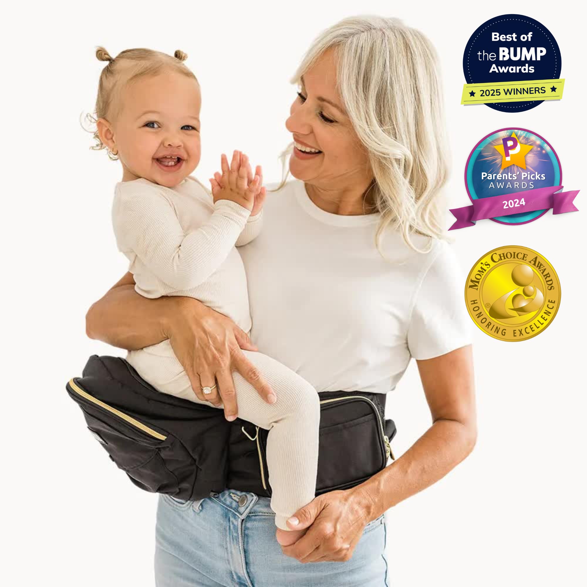 TushBaby ergonomic design closeup emphasizes back-friendly weight distribution and lumbar support.