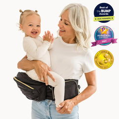 TushBaby ergonomic design closeup emphasizes back-friendly weight distribution and lumbar support.