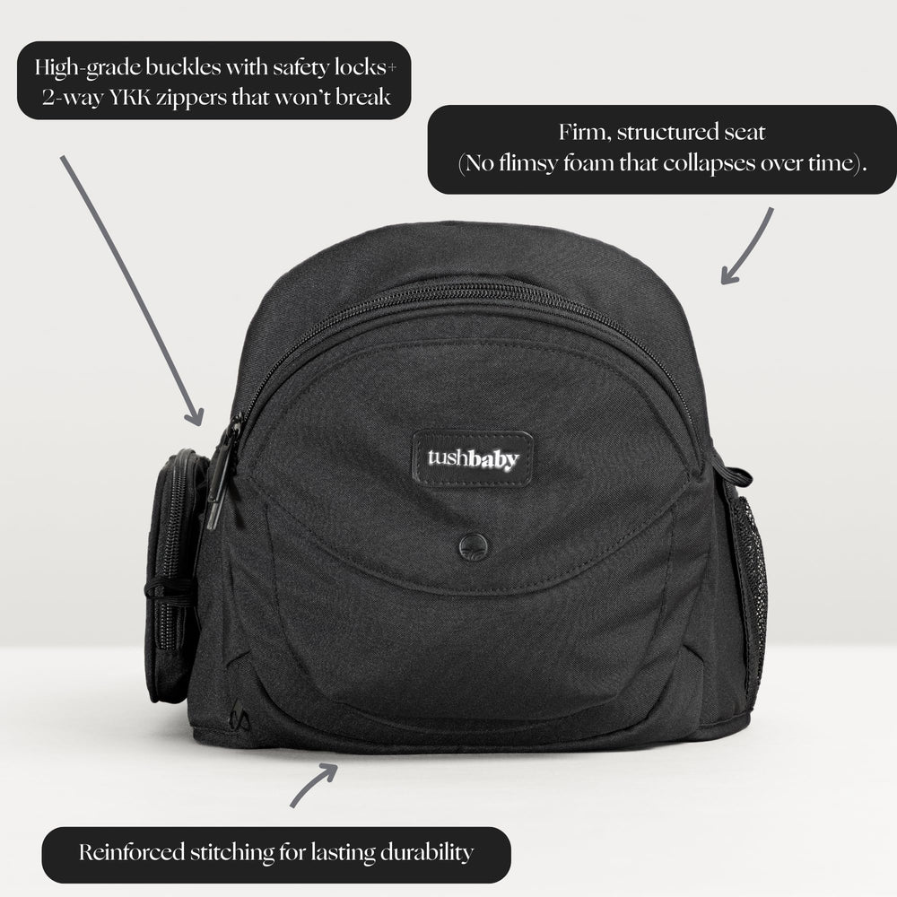 TushBaby four carry positions show versatile front, face, side, and feeding options.