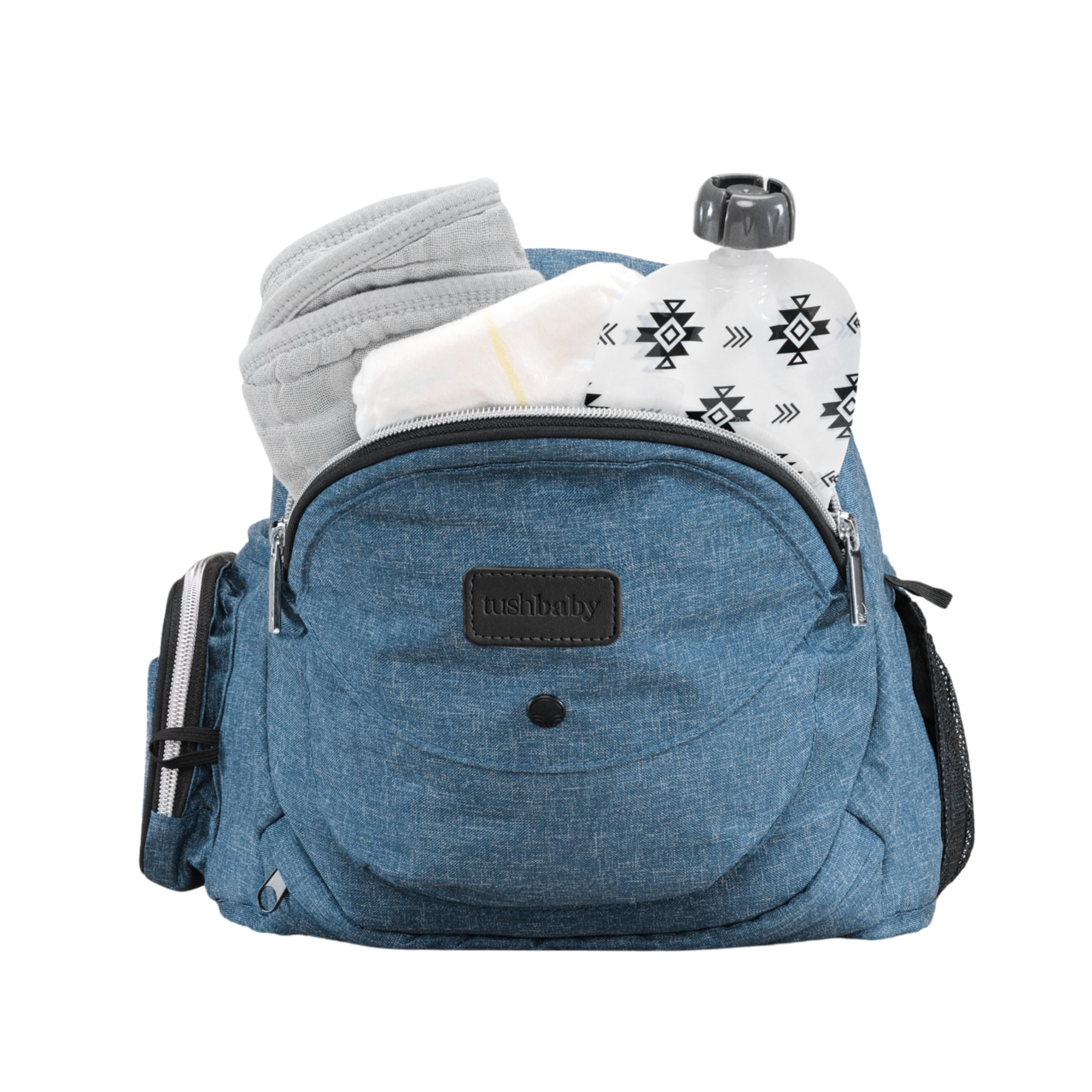 TushBaby hideable bottle holder ready for on-the-go feeding.