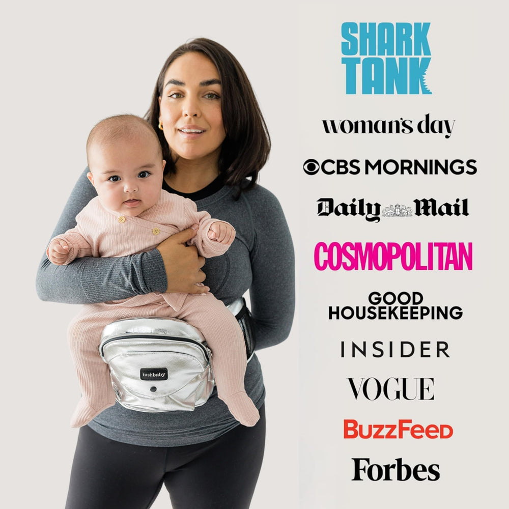 TushBaby diagram of four carry positions showing versatility for growing child.