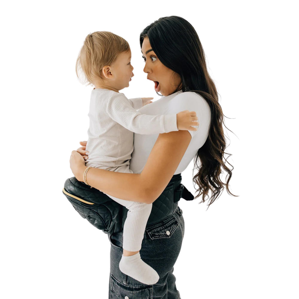 TushBaby Original hip-seat front view shows ergonomic support for growing babies