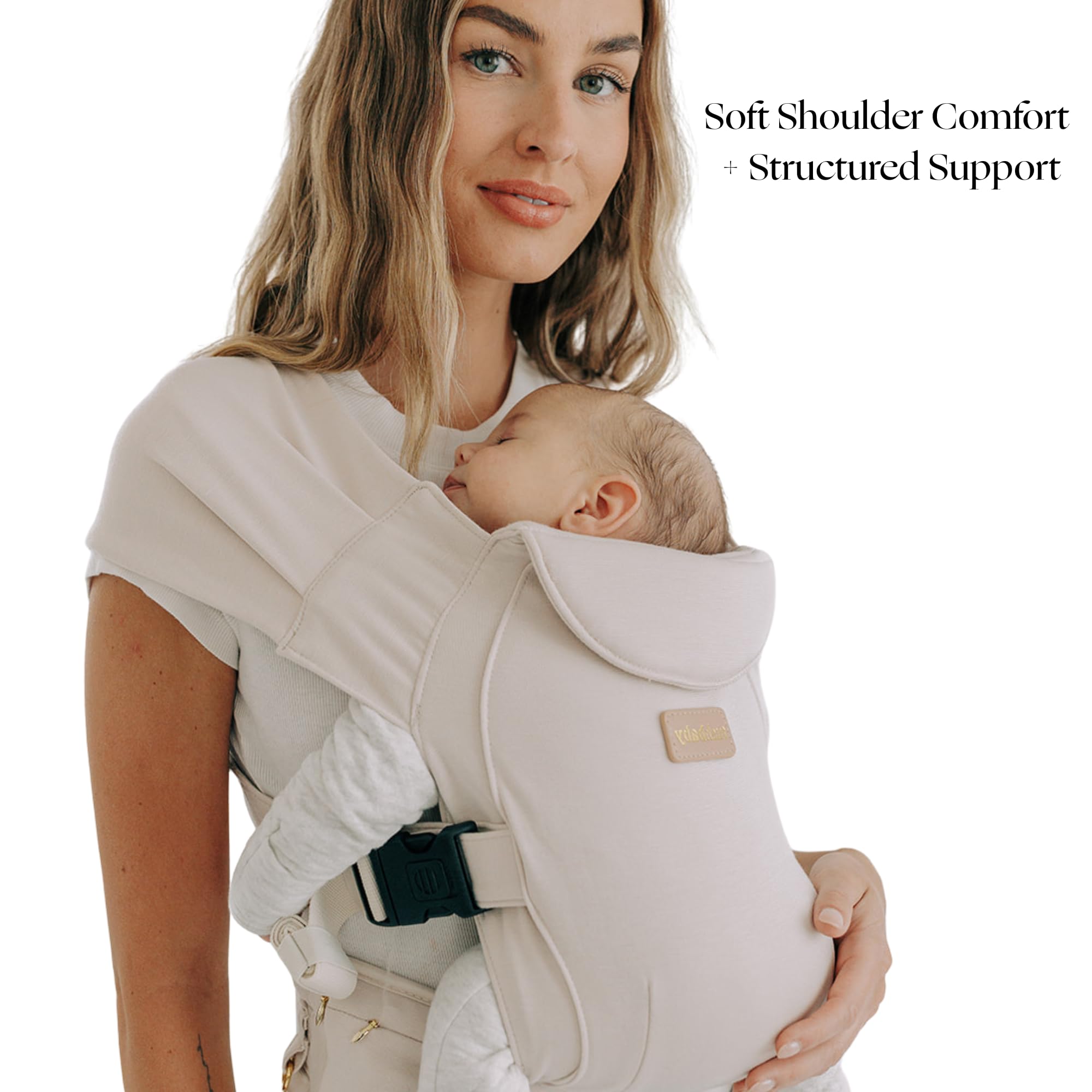 TushBaby Pearl Wrap Carrier-cream-color displays stylish, lightweight design.