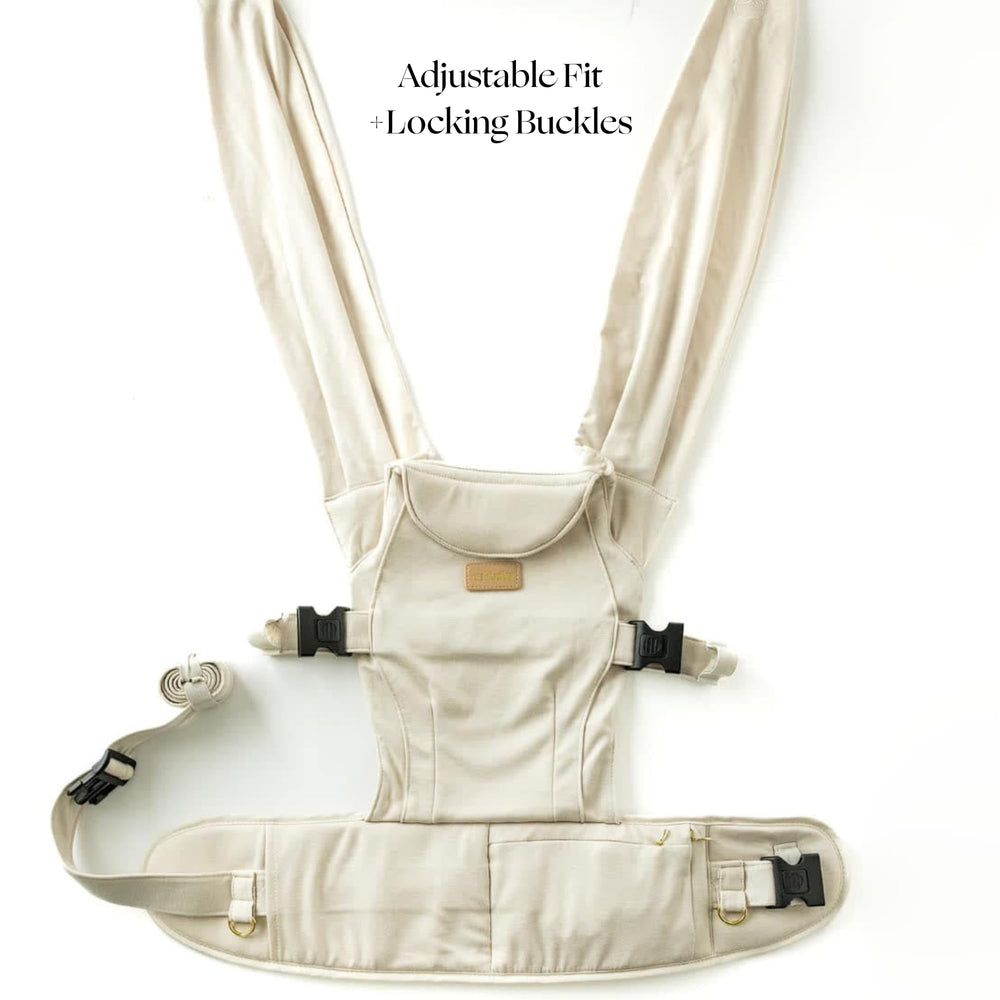 TushBaby Pearl Wrap Carrier-storage-pocket view demonstrates built-in pockets on the go.