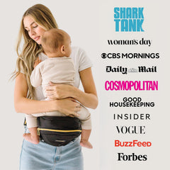 TushBaby storage pockets closeup highlights five pockets for essentials within reach.