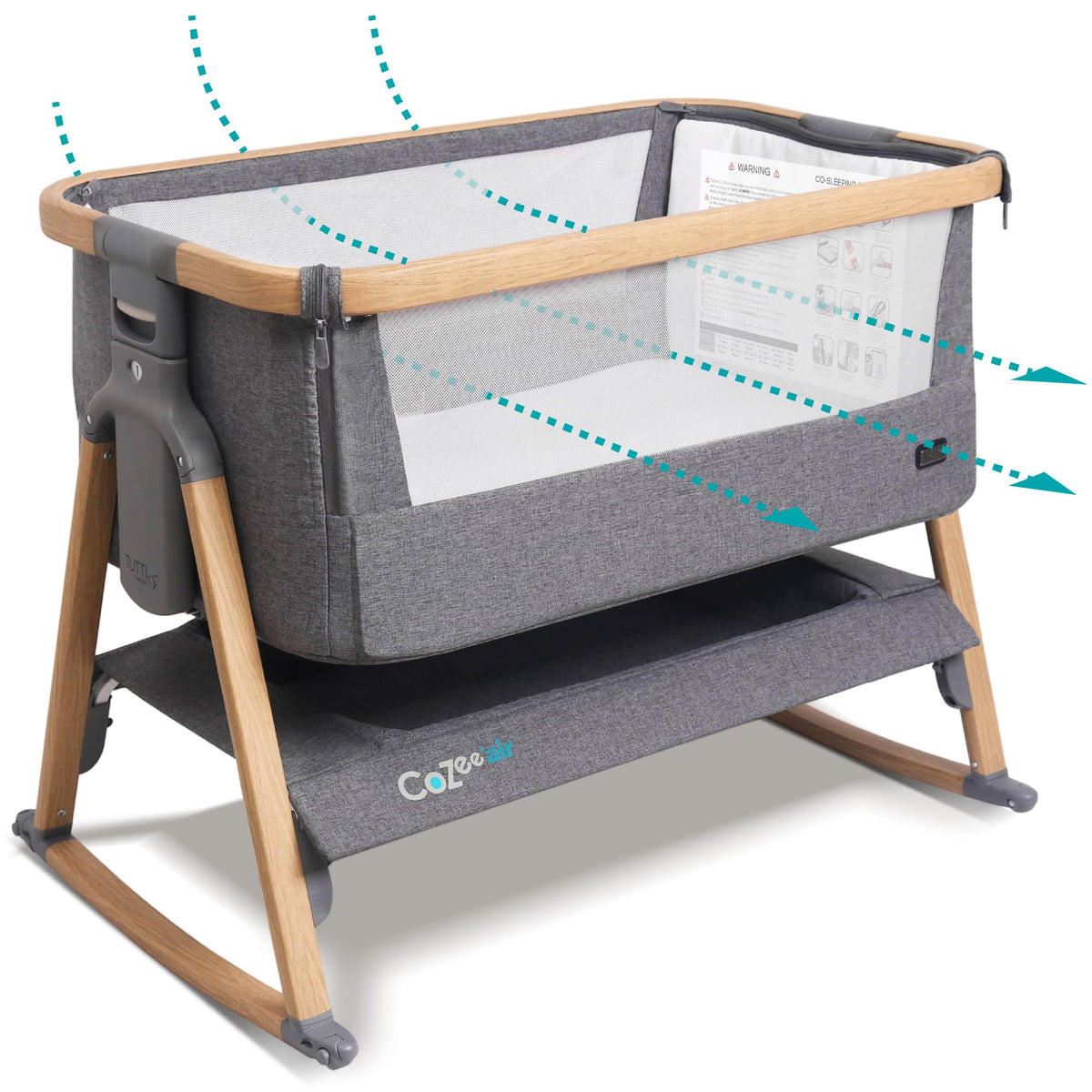 Tutti Bambini CoZee Air bassinet setup image highlights quick-fold travel-friendly design