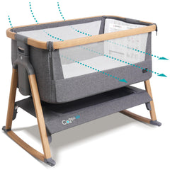 Tutti Bambini CoZee Air bassinet setup image highlights quick-fold travel-friendly design