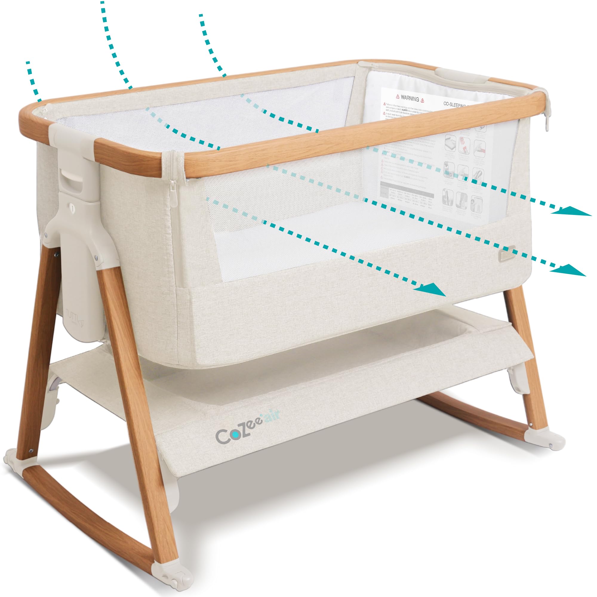 Tutti Bambini CoZee Air bassinet side view showing safe bedside setup for baby sleep