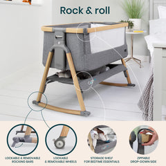 Tutti Bambini CoZee Air wood-effect legs on display for stylish bedside compatibility