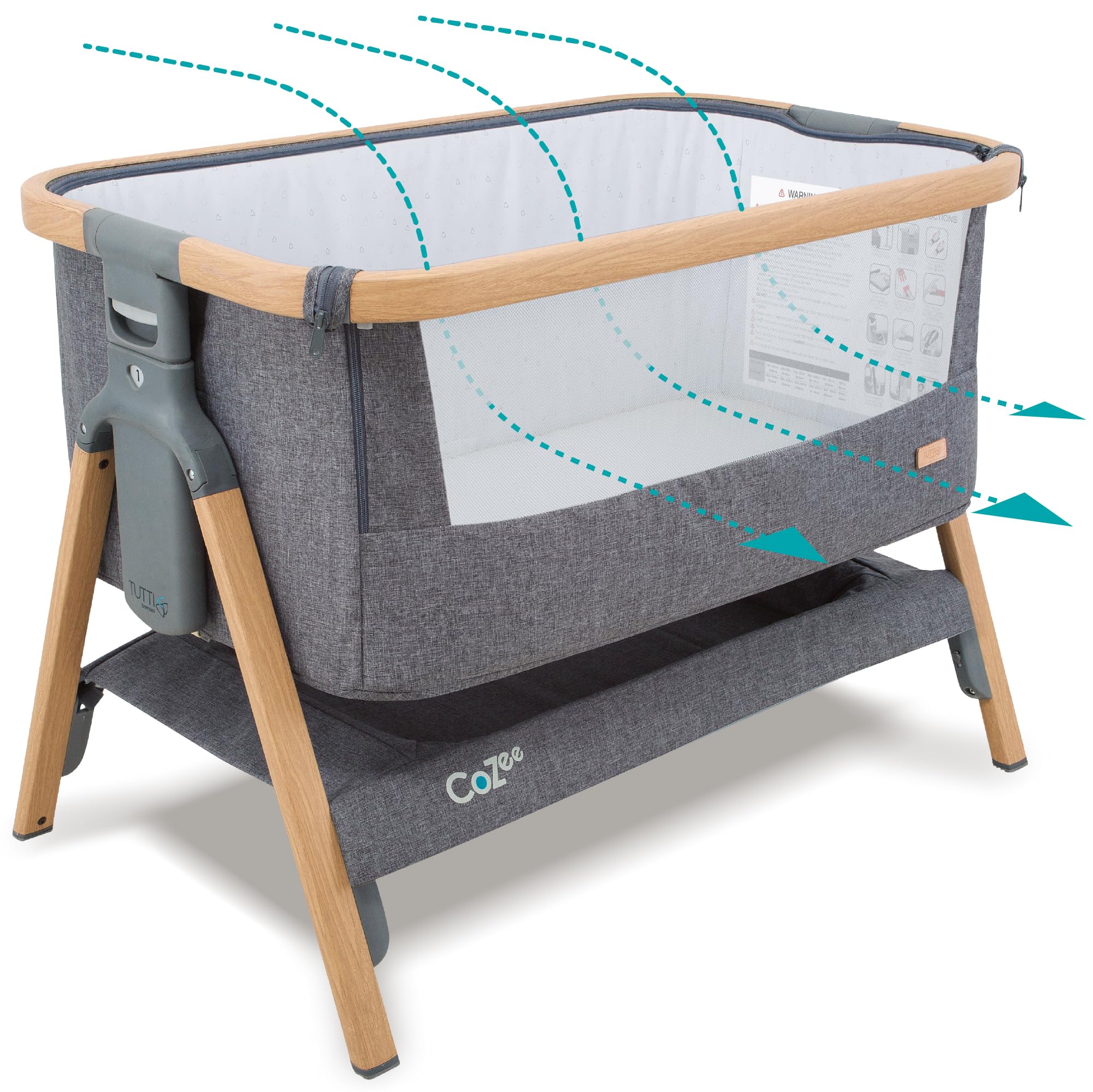 Tutti Bambini CoZee bassinet side view in oak and charcoal supports safe co-sleeping