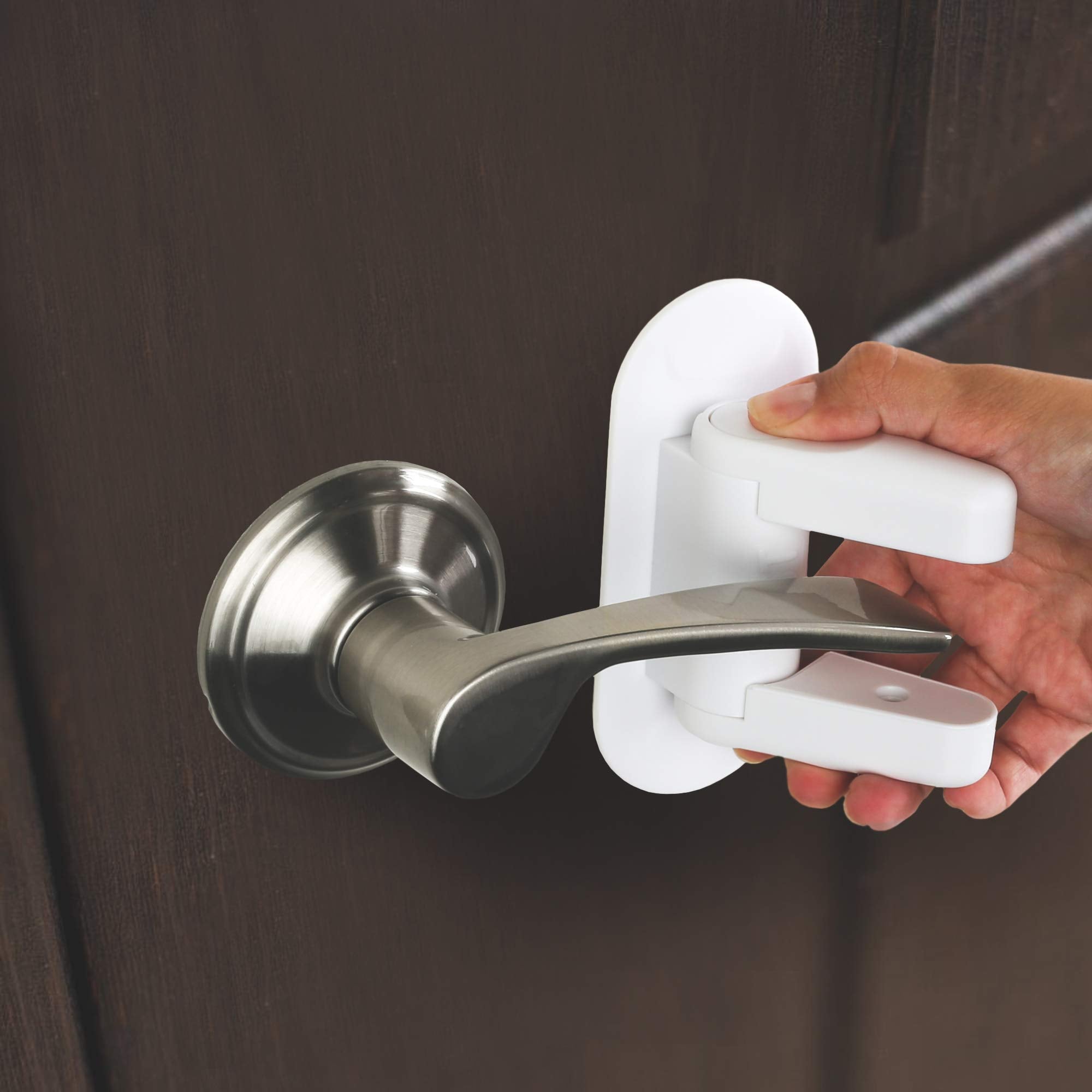 Tuut door lever lock adhesive application on a door handle for quick setup