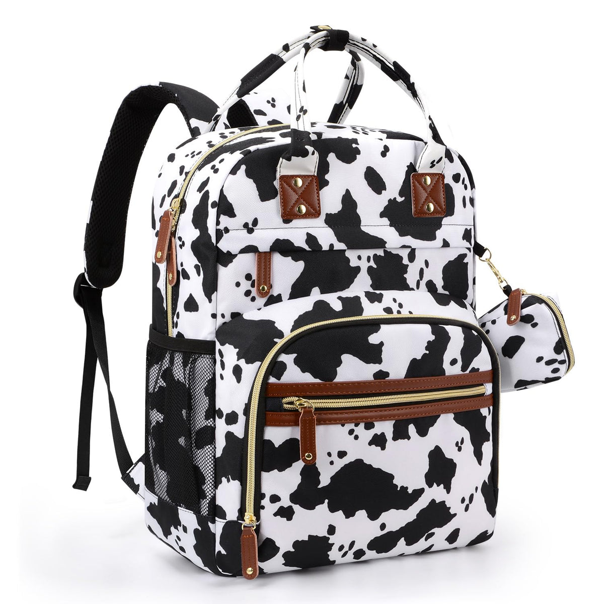 Tuwubi cow-print diaper bag backpack offers stylish storage for baby on the go.