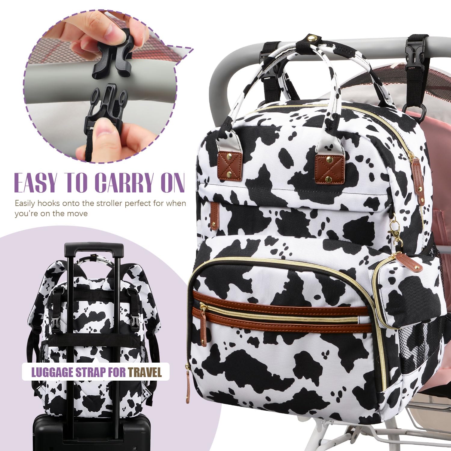 Tuwubi cow-print diaper bag mesh side pockets offer easy access to essentials.