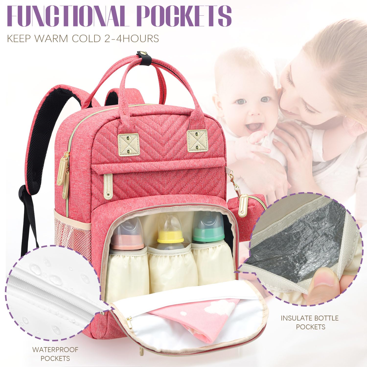 Tuwubi diaper bag backpack pink with three insulated bottle pockets supporting 2-4 hour cooling