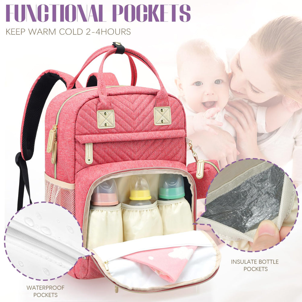 Tuwubi diaper bag backpack pink with three insulated bottle pockets supporting 2-4 hour cooling