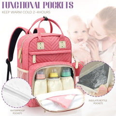 Tuwubi diaper bag backpack pink with three insulated bottle pockets supporting 2-4 hour cooling