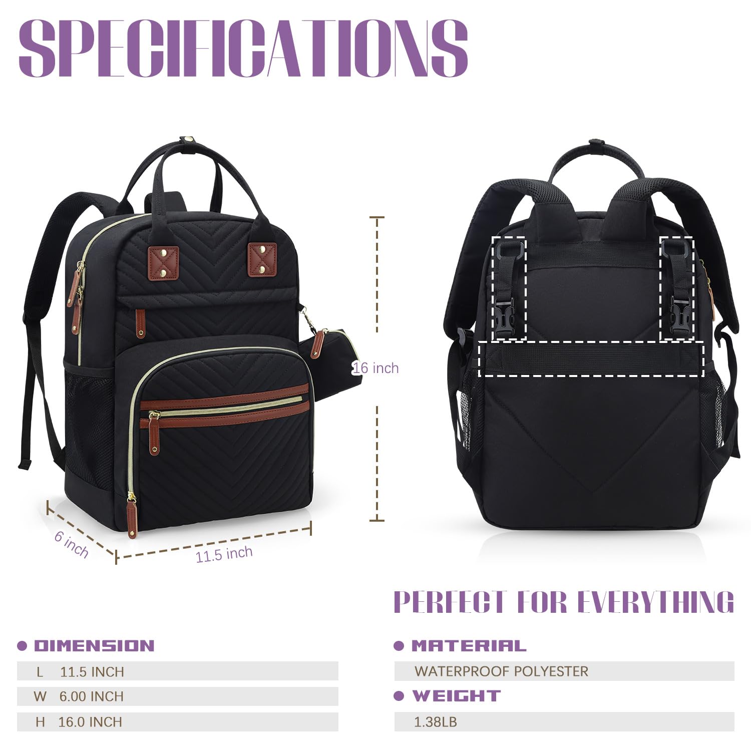 Tuwubi Diaper Bag Backpack dimension illustration showing compact yet roomy layout